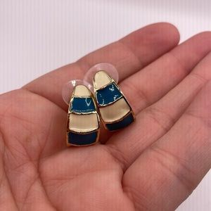 Vintage Gold Tone Blue Beige Stripe Enamel Hoop Statement Earrings